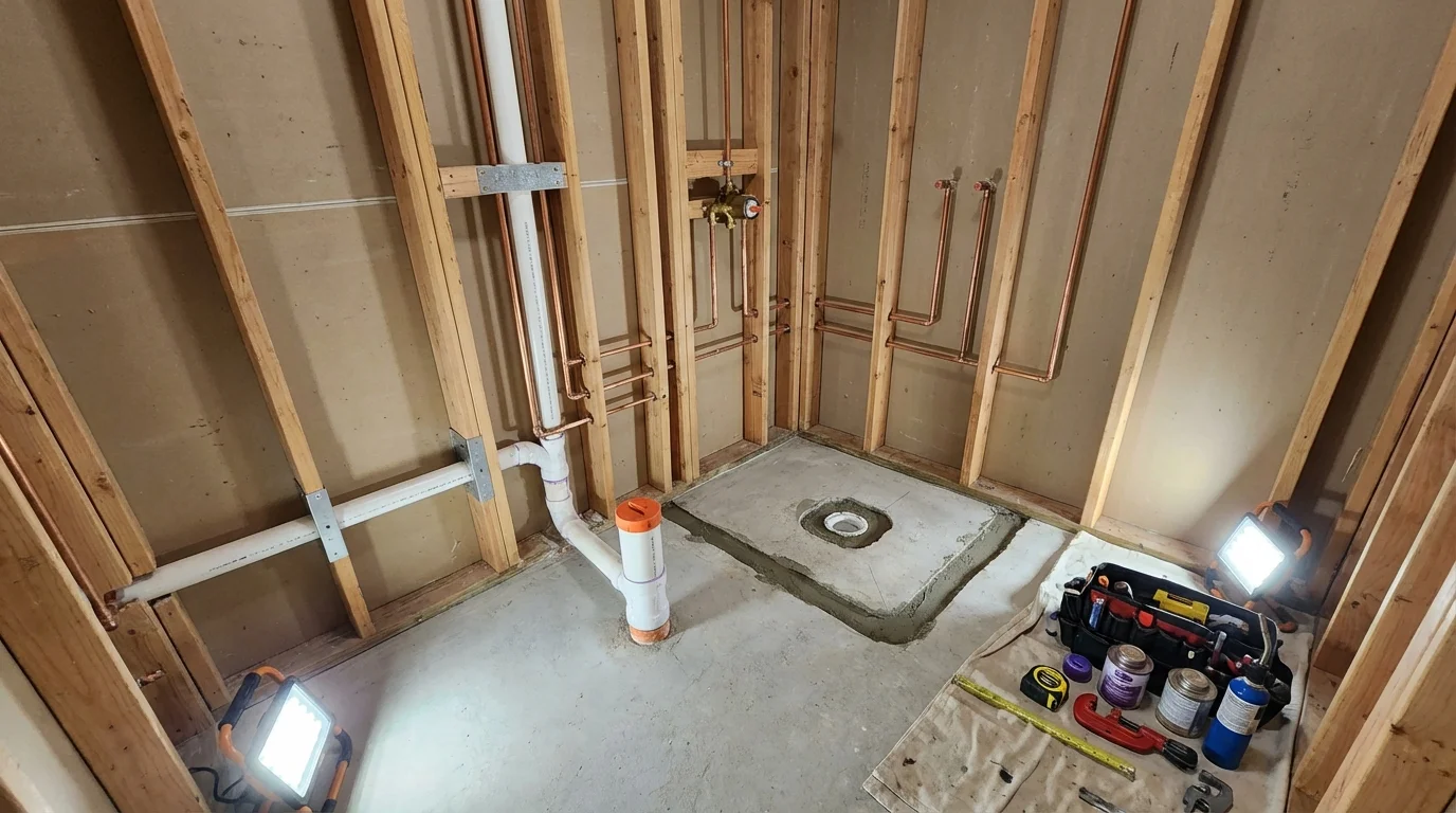Bathroom rough-in plumbing during remodel by Johns Plumbing LLC in Soap Lake