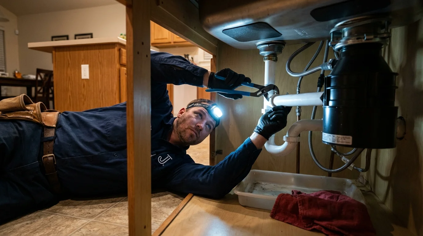 P-trap and supply line connections under a kitchen sink showing a common leak point in Soap Lake, WA